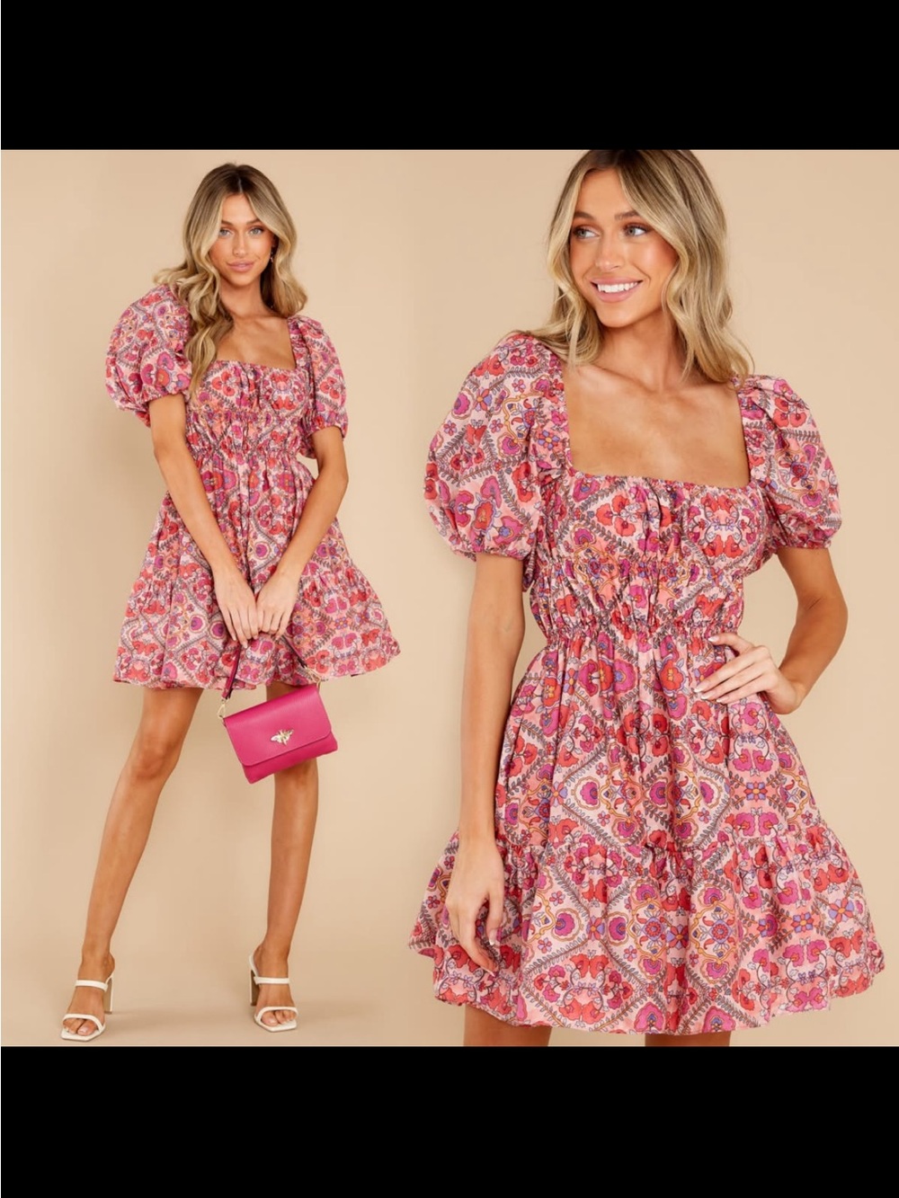 BOUTIQUE Square Neck Pink Floral Puff Sleeve Dress